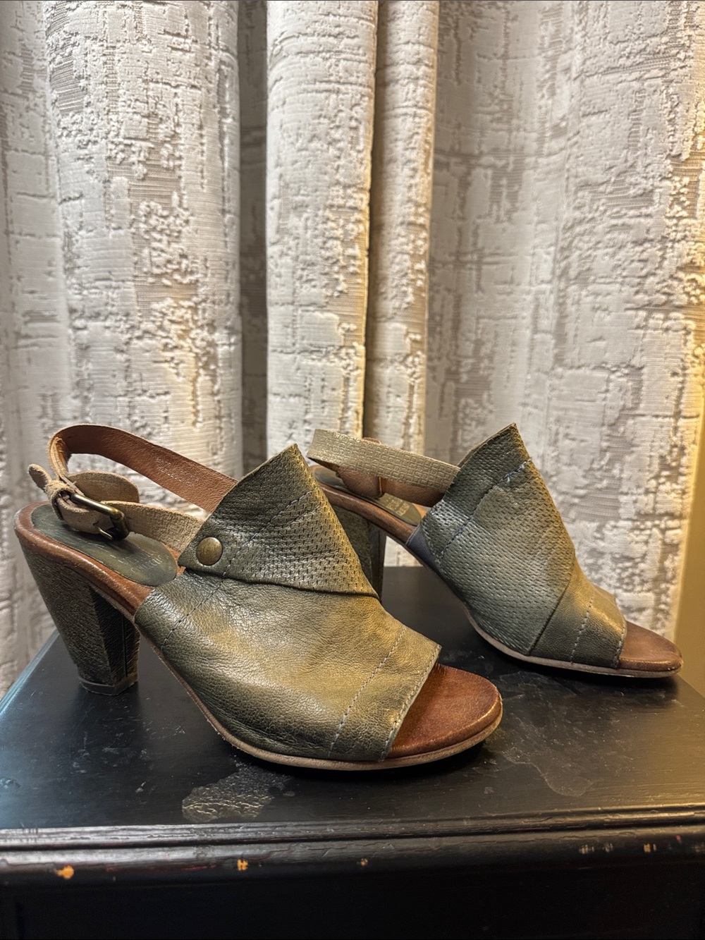 Miz Mooz Faded blue Leather Peep-Toe Slingback Heels with Snap Accent